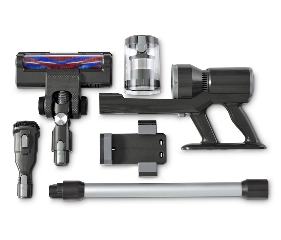 Ein zerlegter digitaler Akkusauger mit Zubehör auf einem weißen Hintergrund.