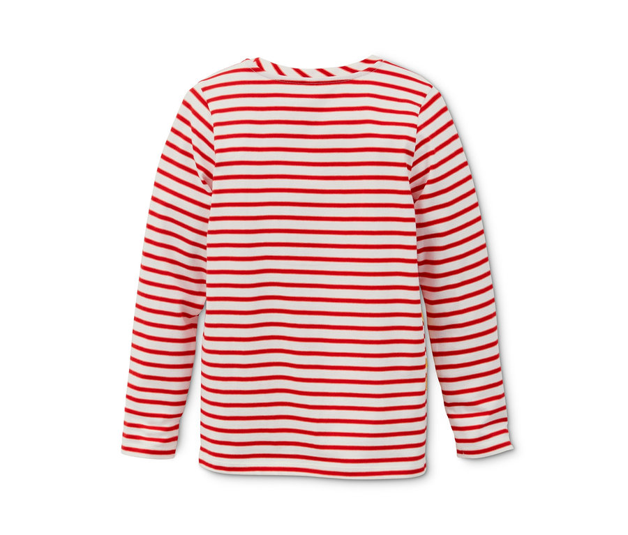 Detailansicht der Rückseite eines Jersey-Langarmshirts aus Bio-Baumwolle mit roten und weißen horizontalen Streifen.