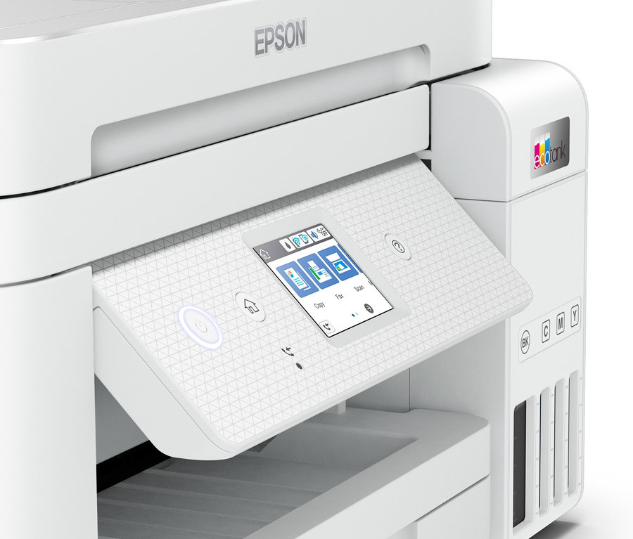 Detailansicht des weißen Epson Multifunktionsdruckers »EcoTank ET-4856« mit ausgeklapptem Bedienfeld.