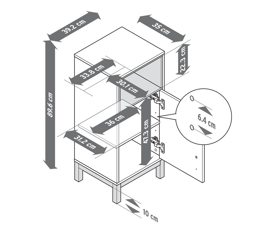 Schema des flachen Bad-Beistellschranks »Eklund« mit Maßangaben.