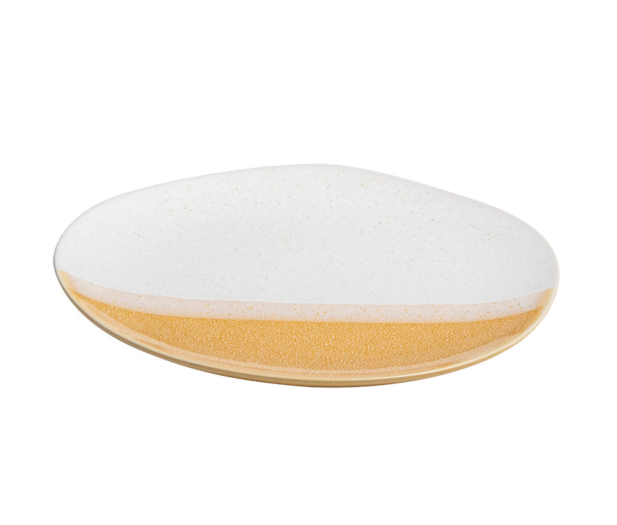 Ein Teller mit cremeweißer Oberseite und gelbbrauner Unterseite.