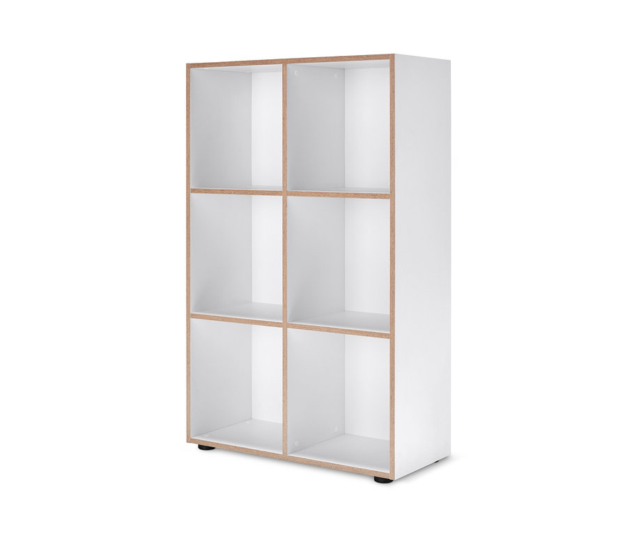 Weißes Regal mit sechs Fächern und Furnierkanten.