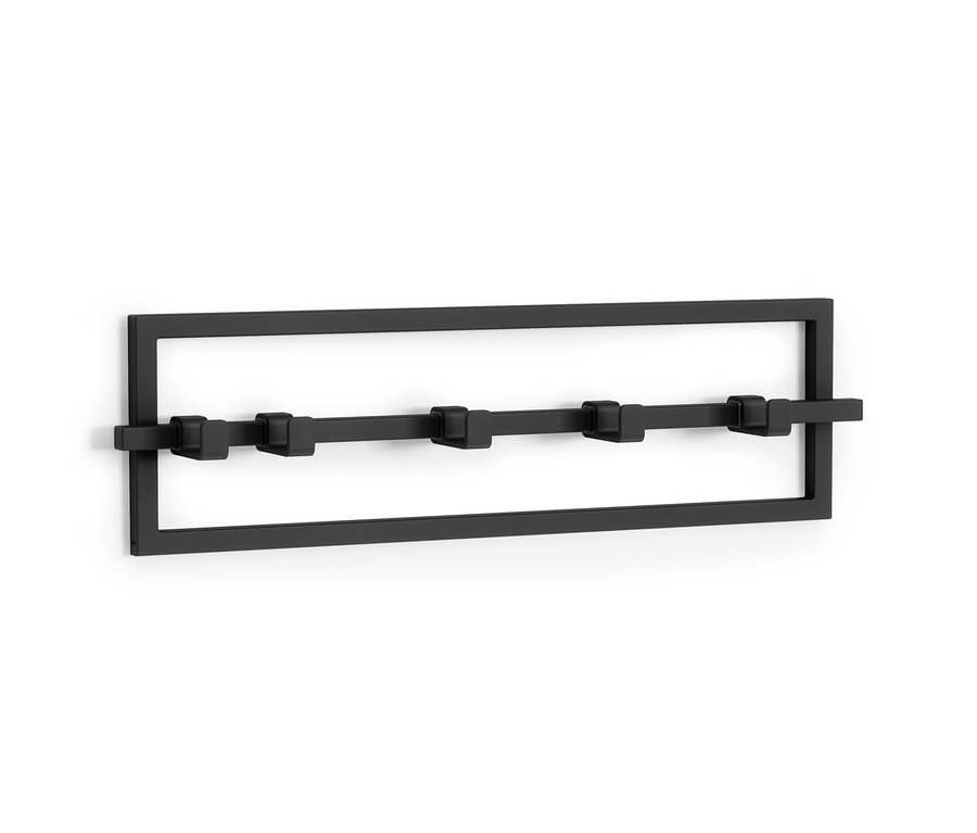 Schwarze Hakenleiste mit fünf Haken an der Wand.