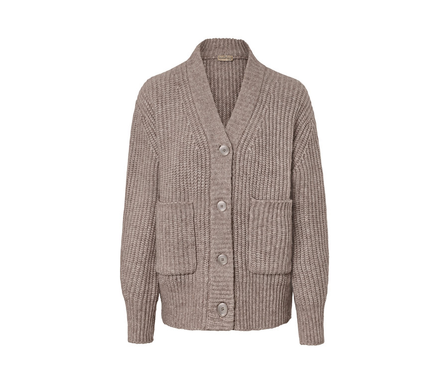 Beiger Grobstrick-Cardigan mit Wolle, Knöpfen und Taschen.