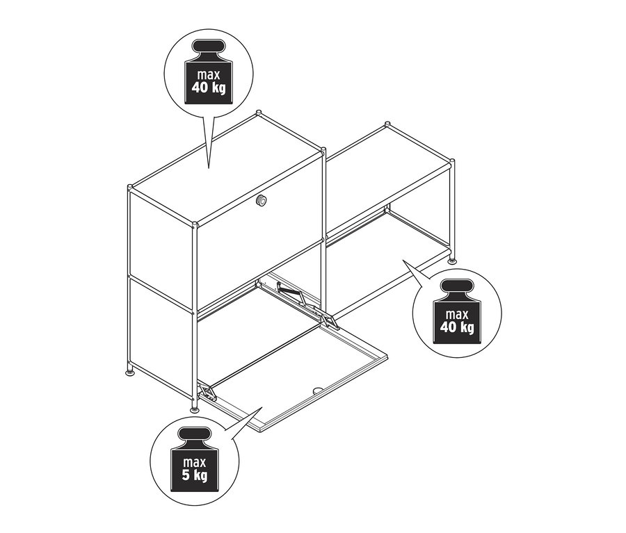 Zeichnung von einem Sideboard »CN3« mit 2 Klappfächern und einem Metallregal »CN3« mit 3 Fächern.