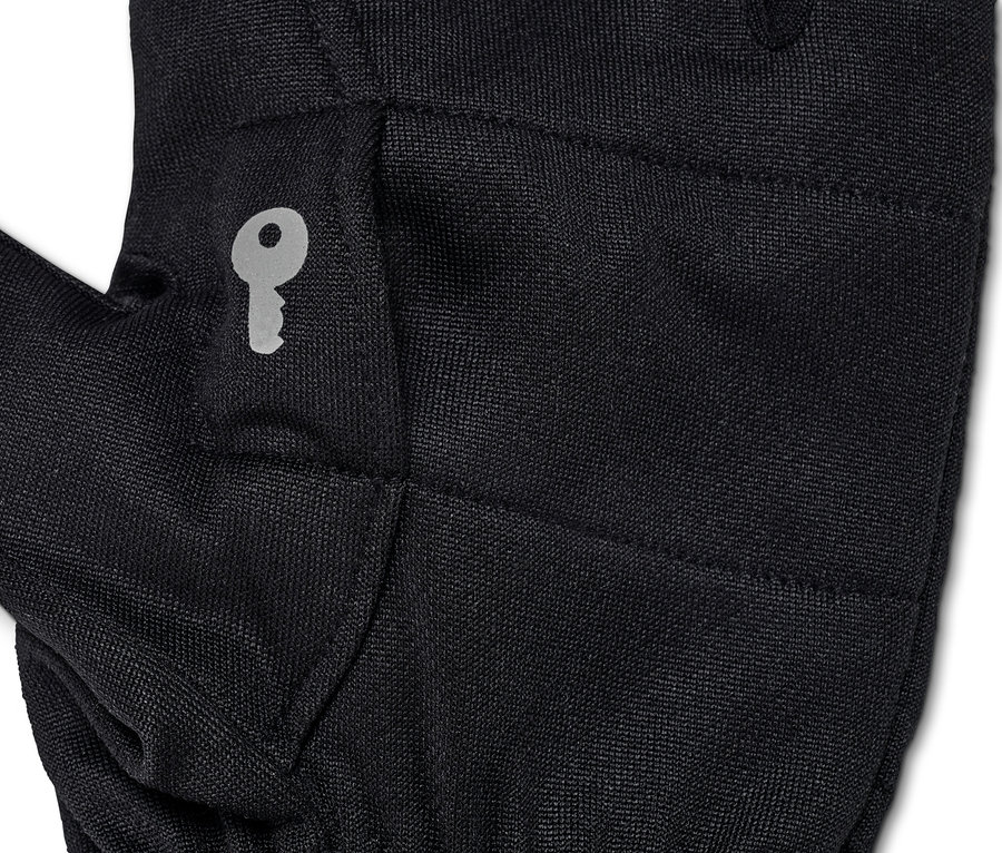 Detailaufnahme eines schwarzen 2-in-1-Laufhandschuhs mit Tasche.