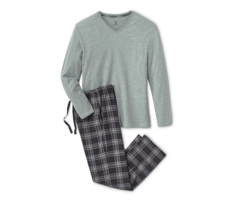 Grauer Pyjama mit langen Ärmeln und karierte Hose.