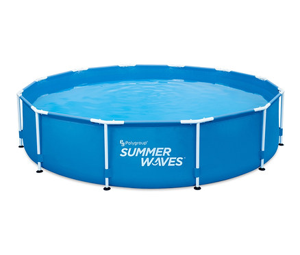 Blauer Summer Waves Active-Frame-Pool, ca. 366 x 76 cm, mit weißem Rahmen, gefüllt mit Wasser.