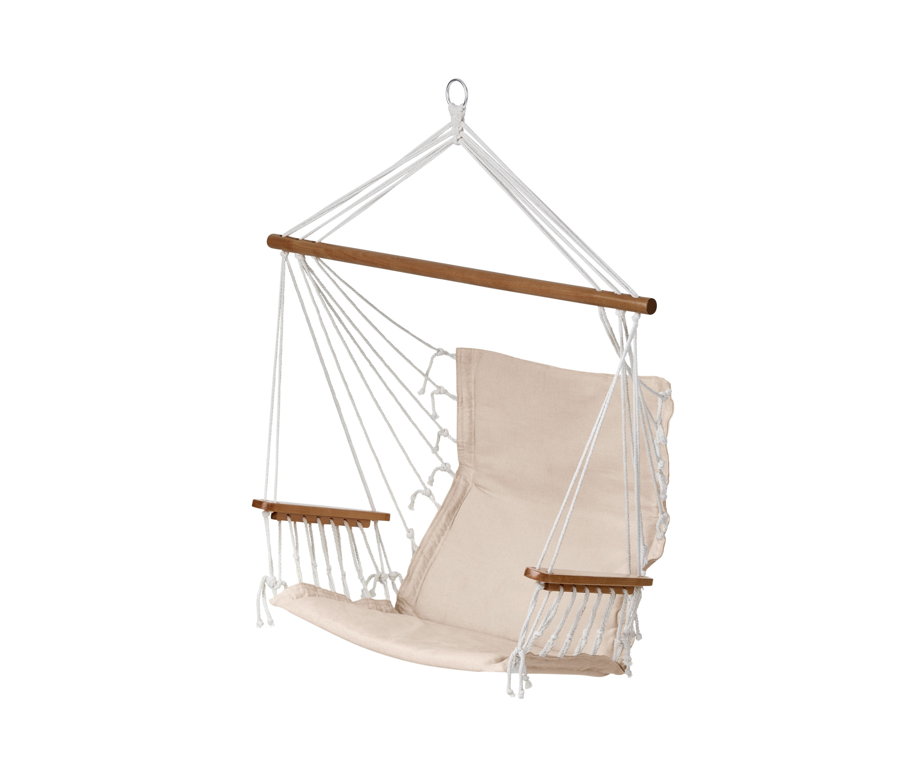 Ein geflochtener Hängesitz mit Aufhängeseilen.