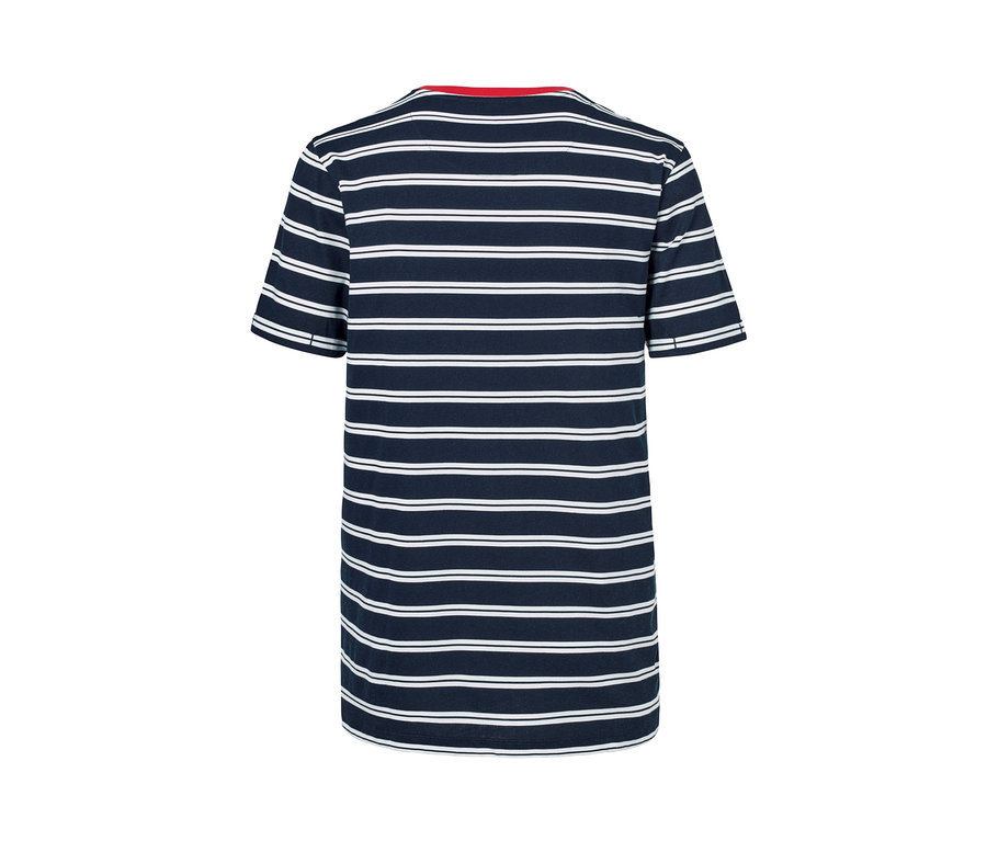 Rückansicht eines T-Shirts mit dunkelblauen und weißen horizontalen Streifen.