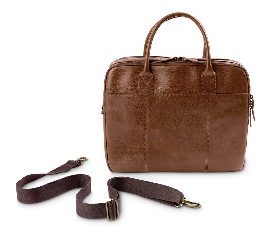 Eine braune Leder-Businessbag mit Reißverschluss und Trageriemen.