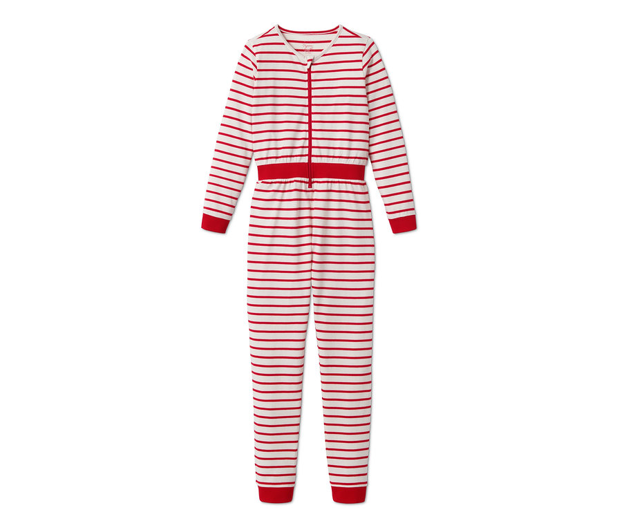 Rot-weiß gestreifter Onesie-Pyjama aus Bio-Baumwolle mit Reißverschluss.