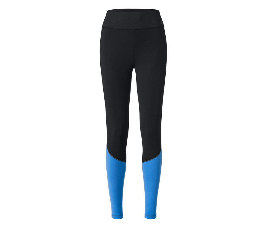Schwarze Sporttight mit blauen Hosenbeinen.