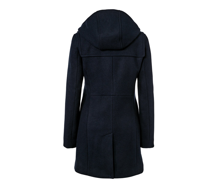 Detail der Rückseite eines dunkelblauen Dufflecoats aus Wollmix.