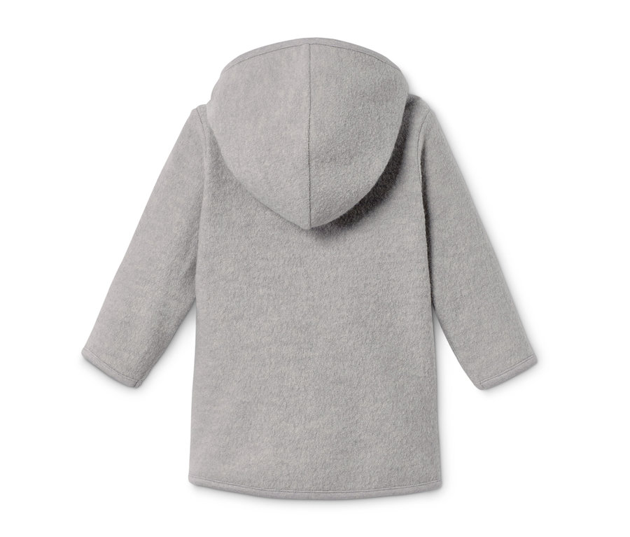 Rückansicht einer grauen Walkjacke aus 100% RWS-zertifizierter Merinowolle mit Kapuze.