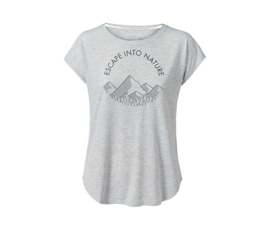 Graues Motto-Funktionsshirt mit Bergmotiv und dem Schriftzug Escape into nature.