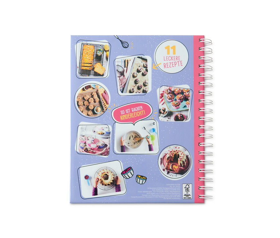 Kinder-Backbuch mit Abbildungen von gebackenen Köstlichkeiten.