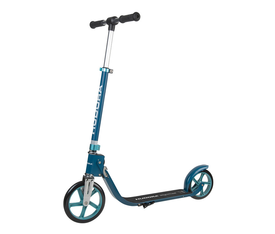 Blauer HUDORA Scooter BigWheel 215 vor weißem Hintergrund.