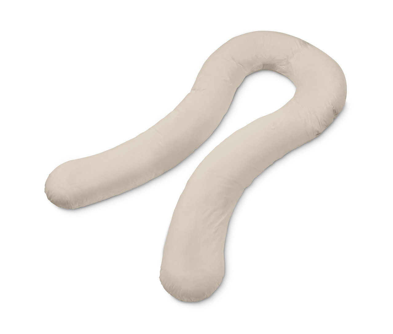 Ein beiges XXL-Multifunktionskissen in U-Form liegt auf einem weißen Hintergrund.