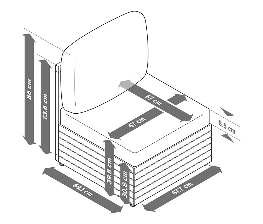 Abmessungen Modularer 1-Sitzer »Tinus« mit Relax-Komfort-Kissen.