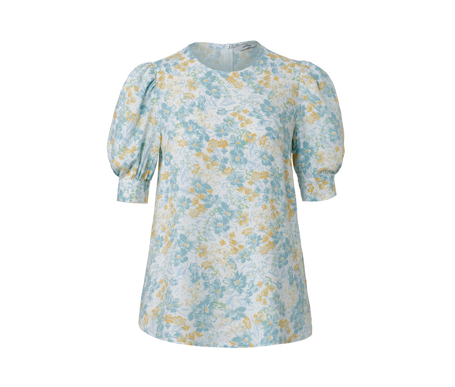 Bluse mit Blumenmuster, kurzen Ärmeln und Rundhalsausschnitt.
