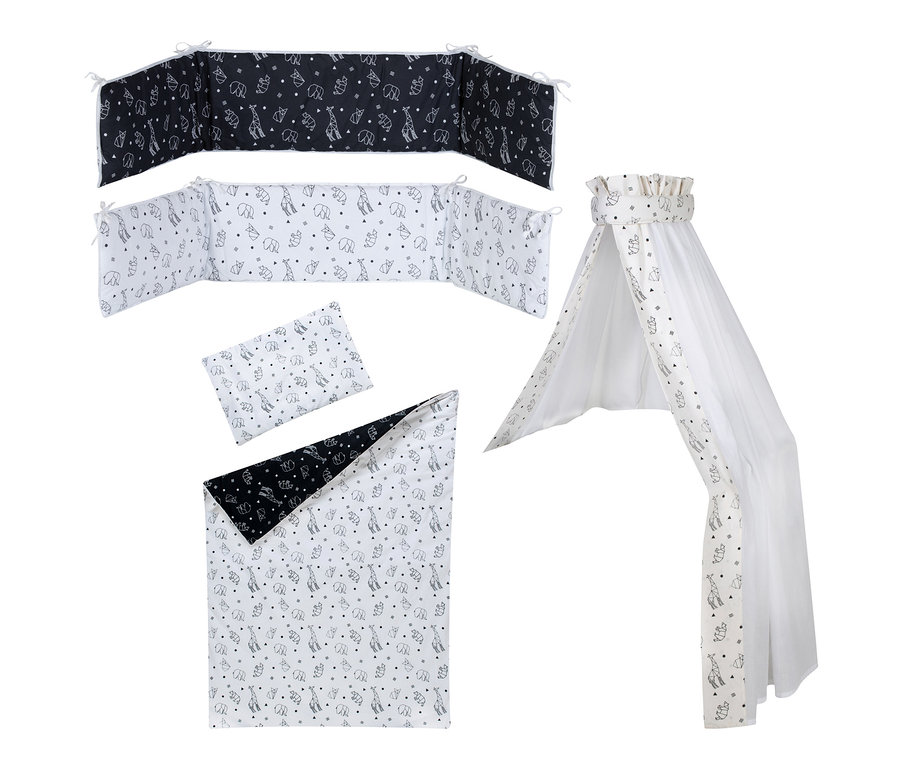 Schardt Bett-Set »Origami Black«, 4-teilig mit Nestchen, Bettbezug und Himmel mit Tiermuster.