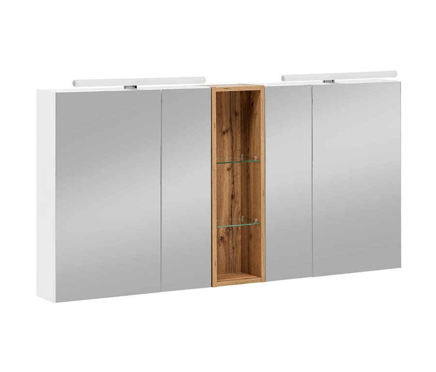 Schildmeyer-Doppelspiegelschrank »Liv« mit Holzregal in der Mitte.