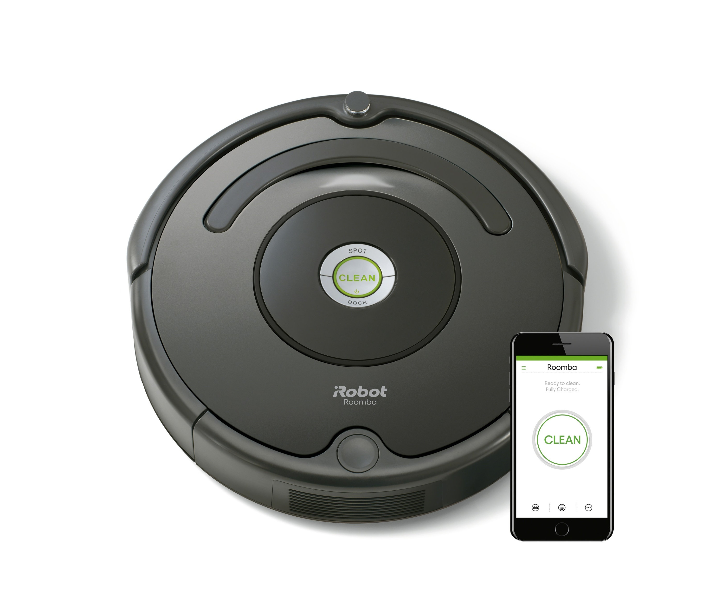 Ein schwarzer iRobot Roomba 676 Saugroboter neben einem Smartphone mit der Roomba App.