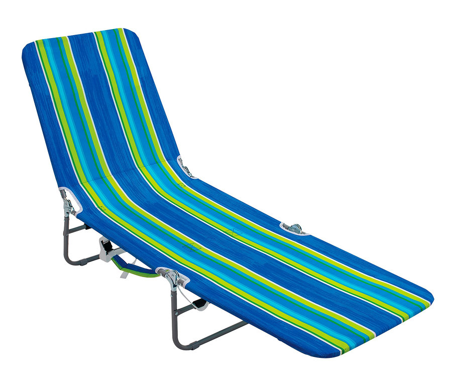 Rio-Brands-Rucksack-Strandliege mit blauem Streifenmuster.