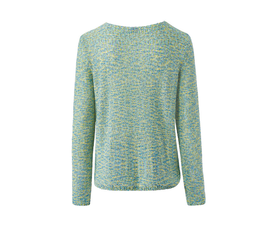 Detailansicht eines Strickpullovers aus Bändchengarn mit langen Ärmeln in Blau-, Grün- und Gelbtönen.