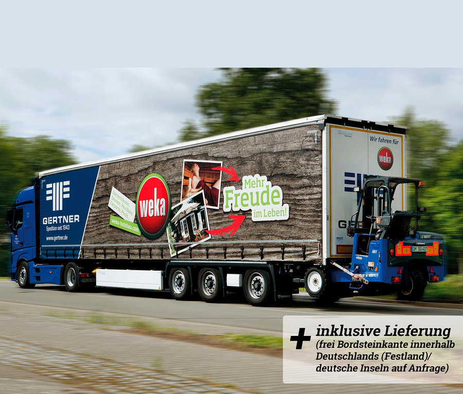 Ein LKW mit WEKA Werbung und ein blauer Gabelstapler.