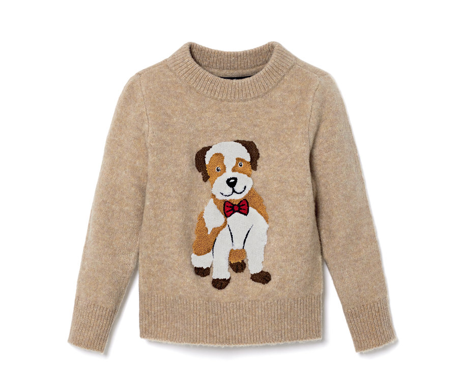 Beiger Kleinkind-Strickpullover mit Hunde-Applikation und roter Fliege.