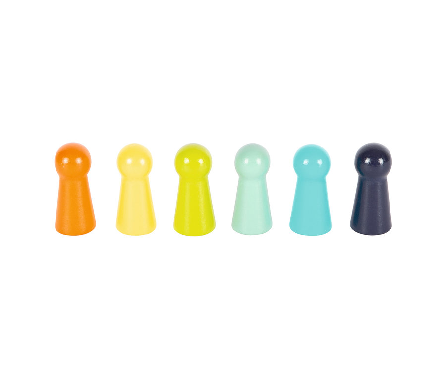 Sechs bunte Spielfiguren für das »Ludo« Spiel von small foot.