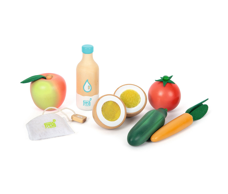 Das hölzerne small foot Lebensmittel-Set vegetarisch »fresh« umfasst Apfel, Flasche, zwei Eierhälften, Tomate, Gurke, Karotte und Teebeutel.