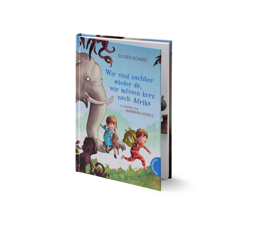 Illustriertes Buch "Wir sind nachher wieder da, wir müssen kurz nach Afrika" mit Abbildungen eines Elefanten und Kindern.