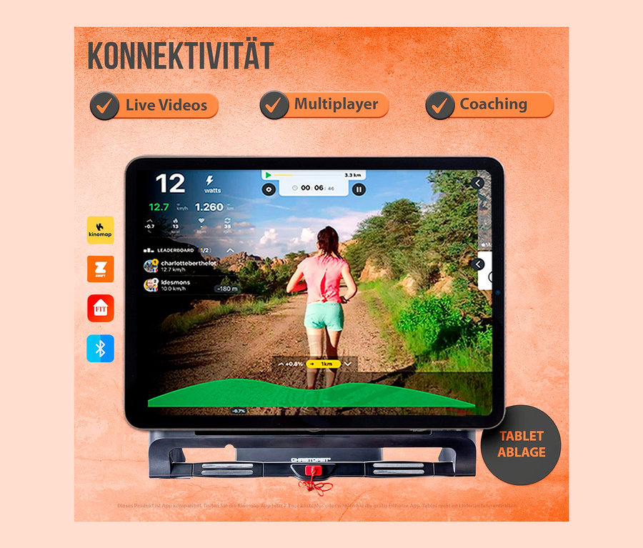 Auf dem Bildschirm des Christopeit Sport Laufbands »TM 2400S« läuft eine Frau auf einem Feldweg.