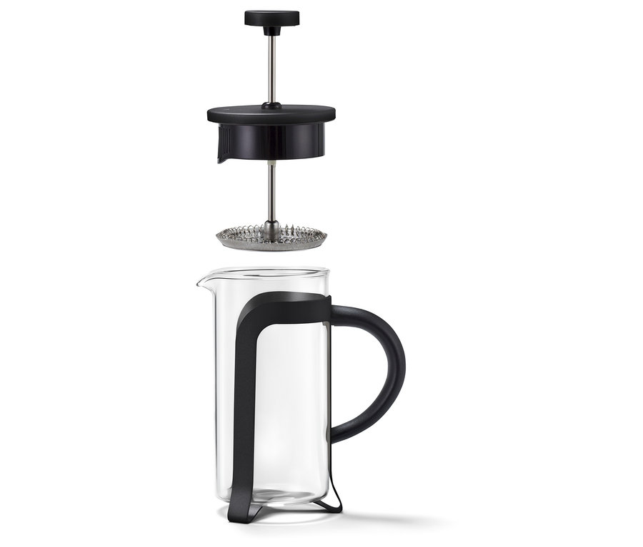 Eine zerlegte, schwarze Siebstempelkanne mit 300 ml Fassungsvermögen für 2 Tassen.