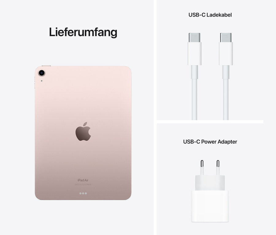 Rosafarbenes Apple iPad Air 2022 mit 256 GB, USB-C-Ladekabel und USB-C-Netzteil.