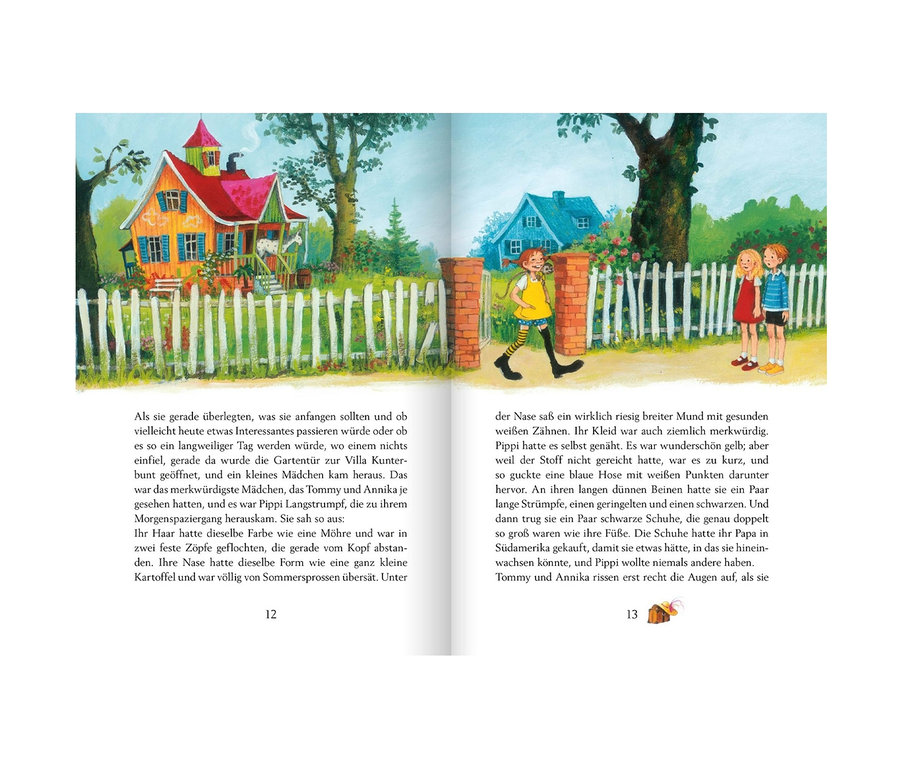 Illustration von Pippi Langstrumpf, die aus der Villa Kunterbunt kommt, mit Tommy und Annika in der Nähe. Buch-Set »Mein Kinderbuchhaus«.