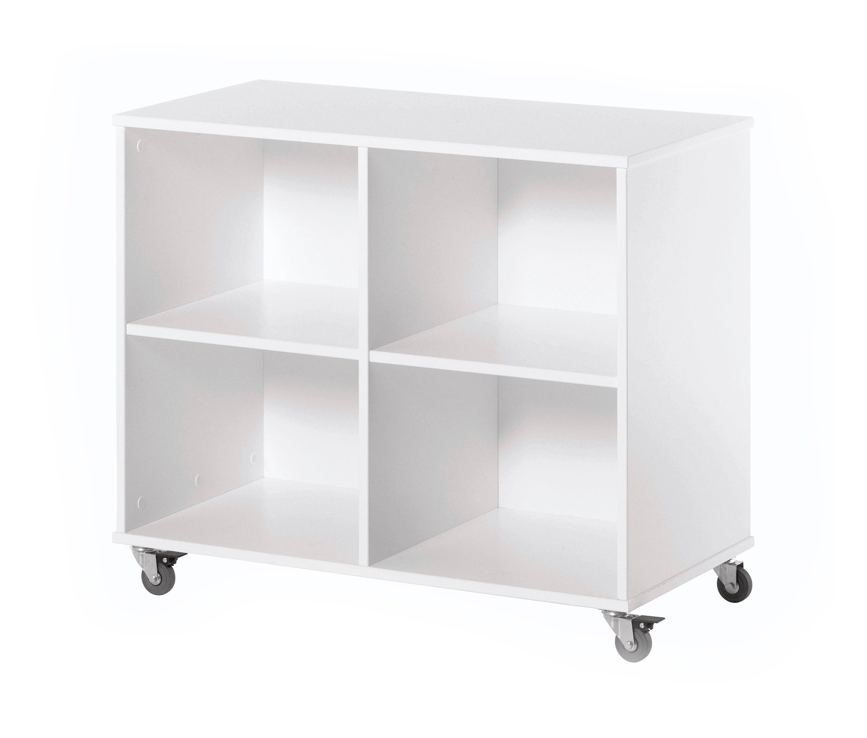 Weißes Hoppekids Bücherregal mit Rädern und vier Fächern, ca. 90 cm.