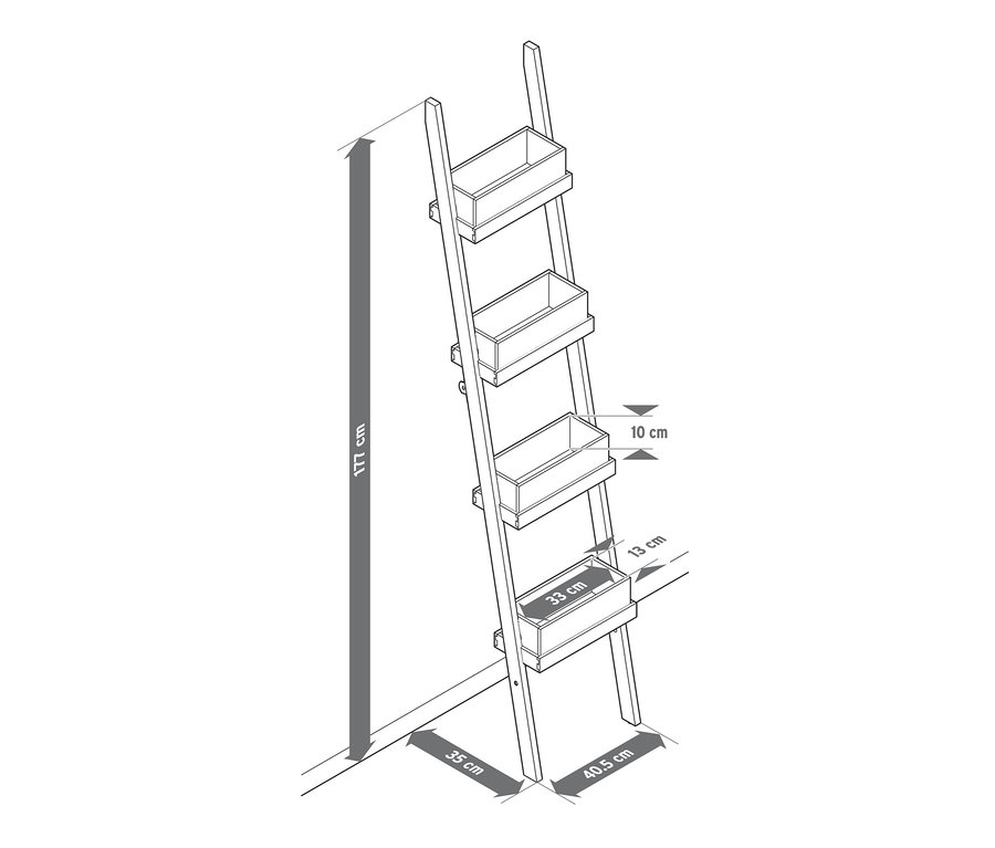 Illustration einer zusammenklappbaren Pflanzleiter mit vier Pflanzkästen.