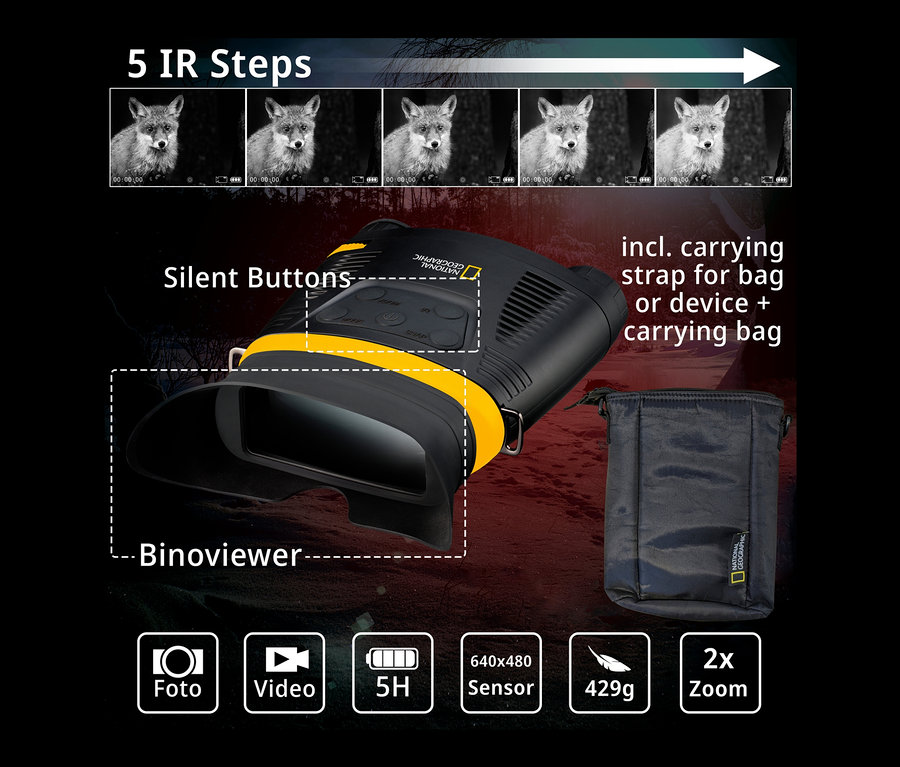 Schwarzes digitales NATIONAL GEOGRAPHIC 3,5x-Nachtsichtgerät mit Aufnahmefunktion und Tragetasche.