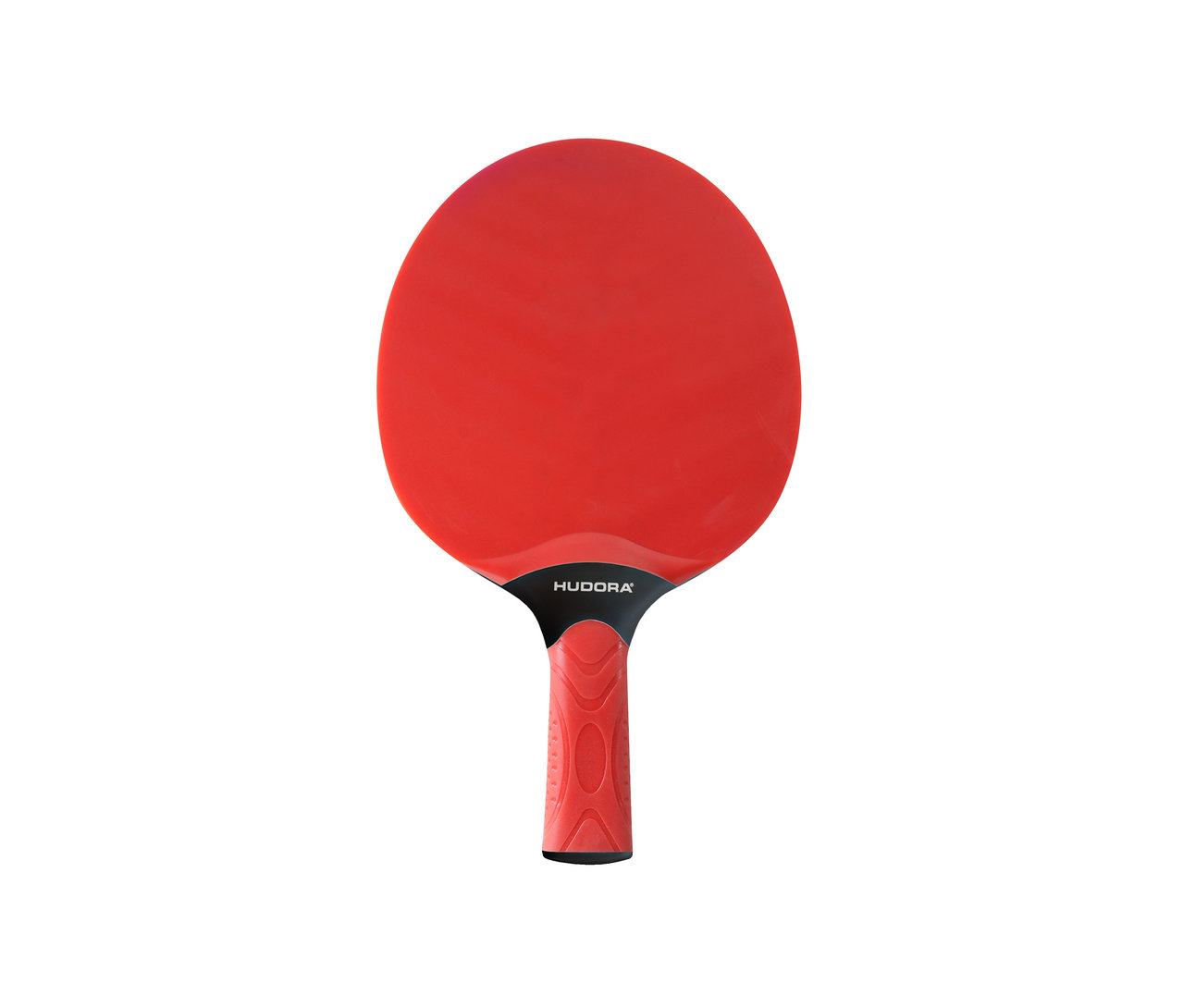 Nahaufnahme von einem roten Hudora Tischtennisschläger "Outdoor".