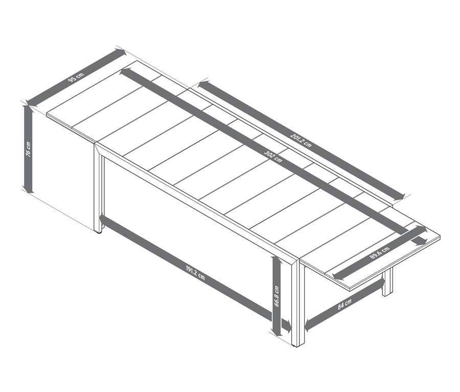 Ausziehtisch aus robustem Duraboard mit hervorgehobenen Abmessungen.