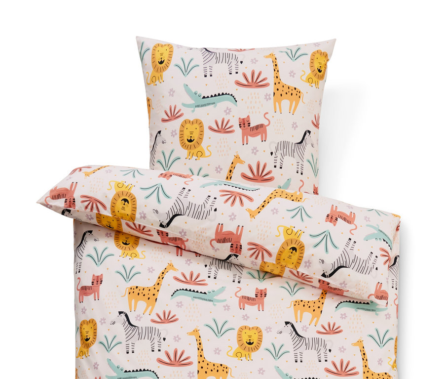 Bettwäsche mit Tiermotiven, darunter Giraffen, Löwen, Zebras, Tiger und Krokodile.