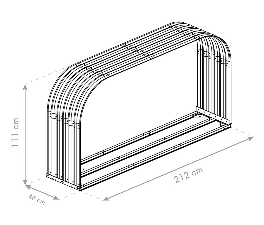Illustration eines Kaminholzregals mit den Maßen 111 cm Höhe, 212 cm Breite und 46 cm Tiefe.