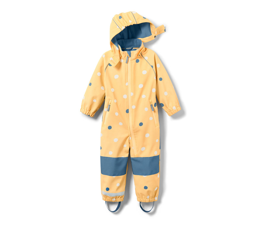 Gelber Kleinkind-Softshell-Einteiler mit Punkte-Alloverprint.