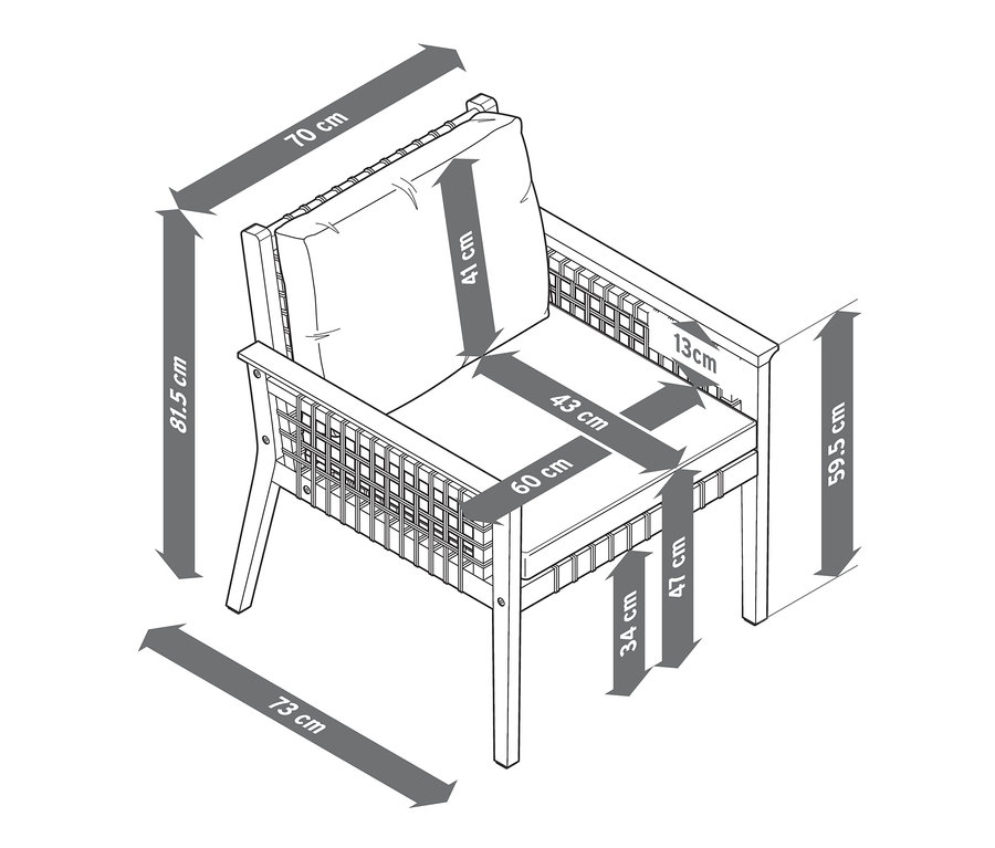 Skizze eines Lounge-Sets mit Textilgeflecht mit Bemaßung.