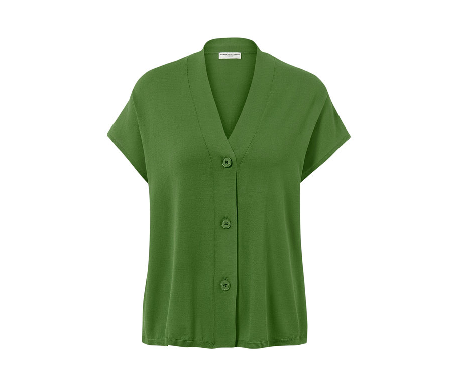 Grüner, kurzärmliger Cardigan mit drei Knöpfen.