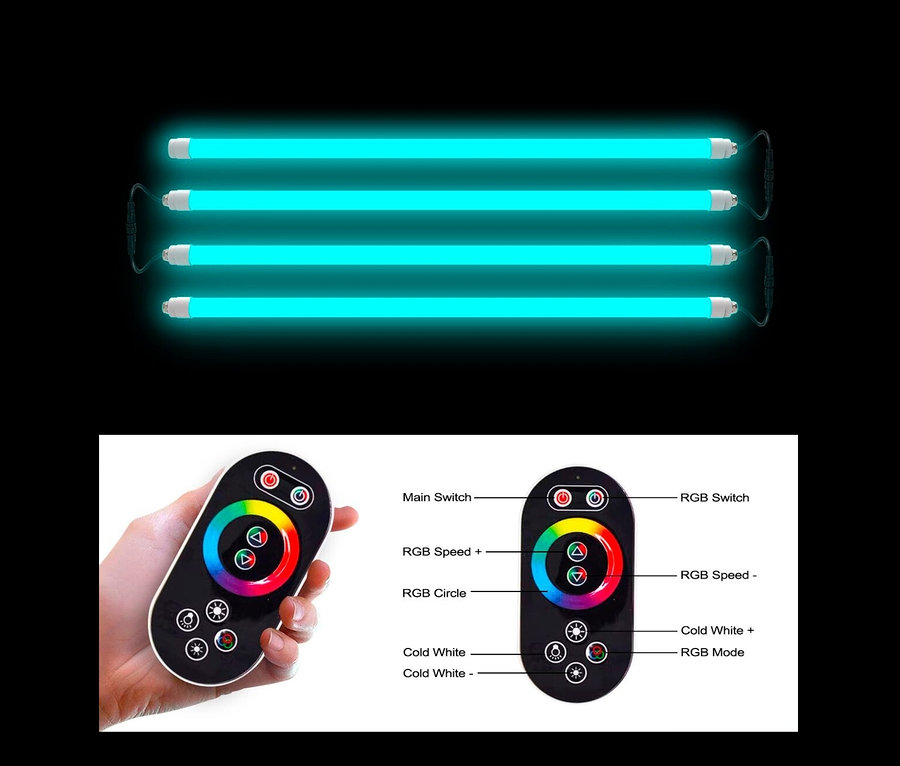 Vier blaue Röhrenlampen und zwei schwarze Fernbedienungen.